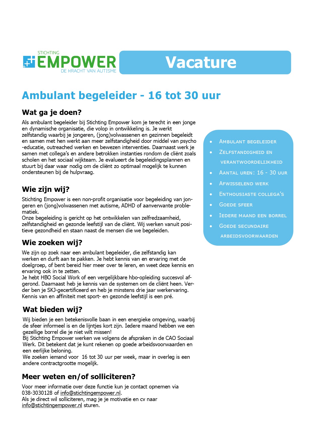 Vacature Empower - ambulant begeleider 16 - 30 uur